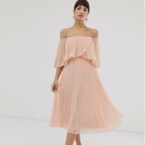 ASOS Nude Blush Pleated Off Shoulder Flowy Midi Dress NEW